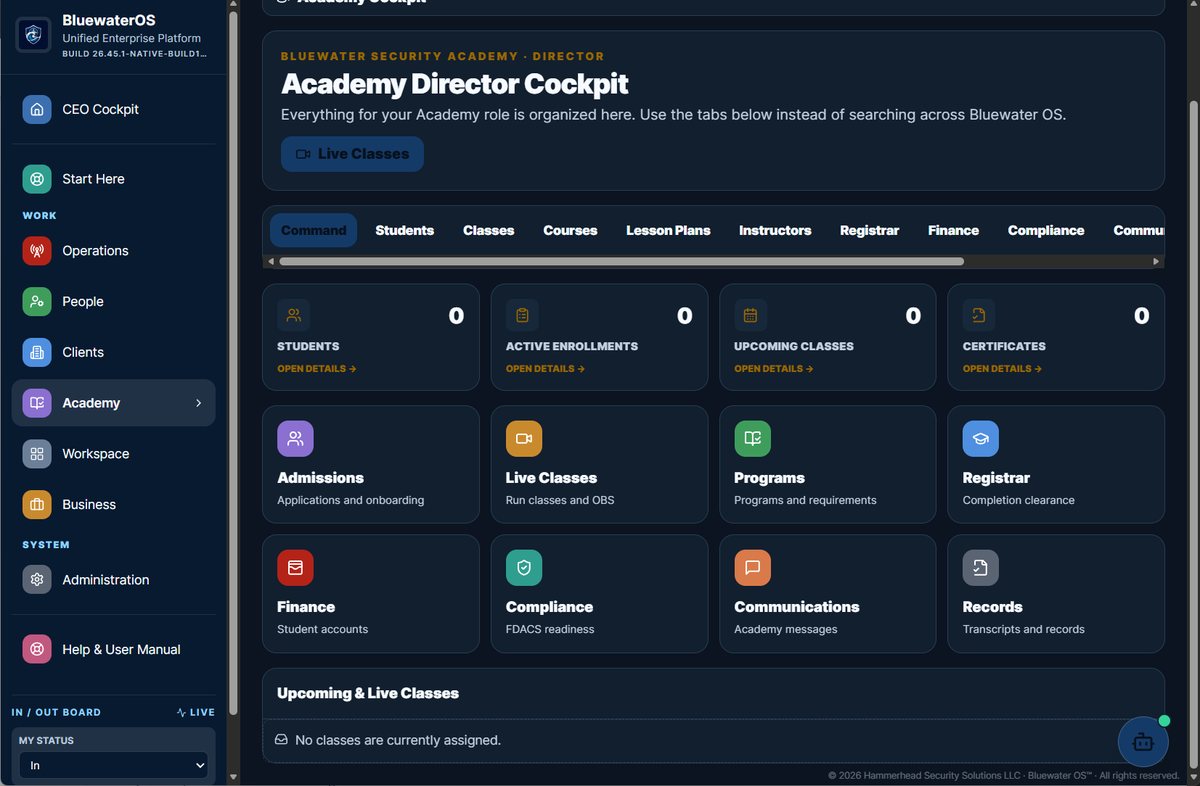 BluewaterOS Academy Director Cockpit for Bluewater Security Academy