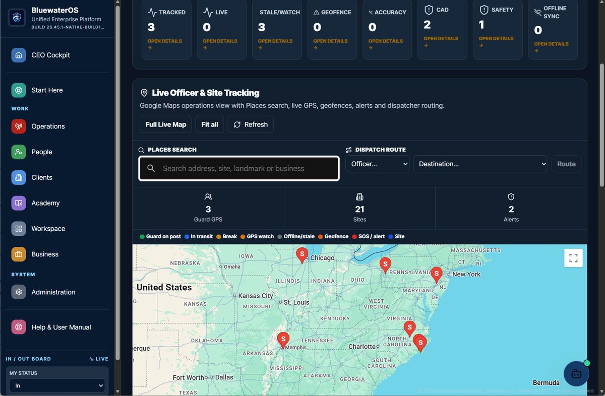BluewaterOS live officer and site tracking map with GPS, geofences, and dispatch routing