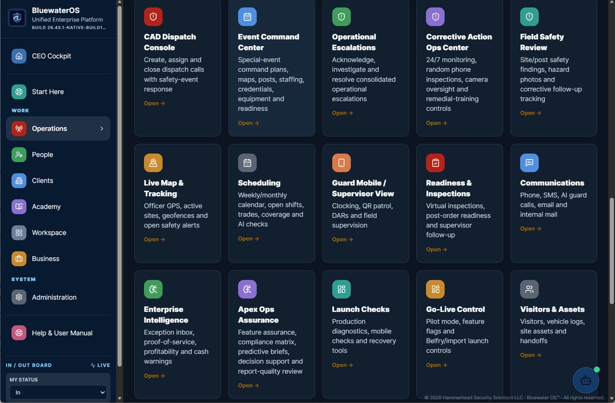 BluewaterOS operations hub with dispatch, scheduling, safety, and readiness tools